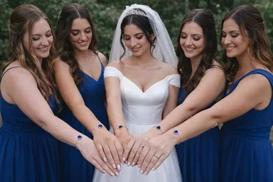 Madrinhas e noiva com as mãos unidas, usando pulseiras com pedras
