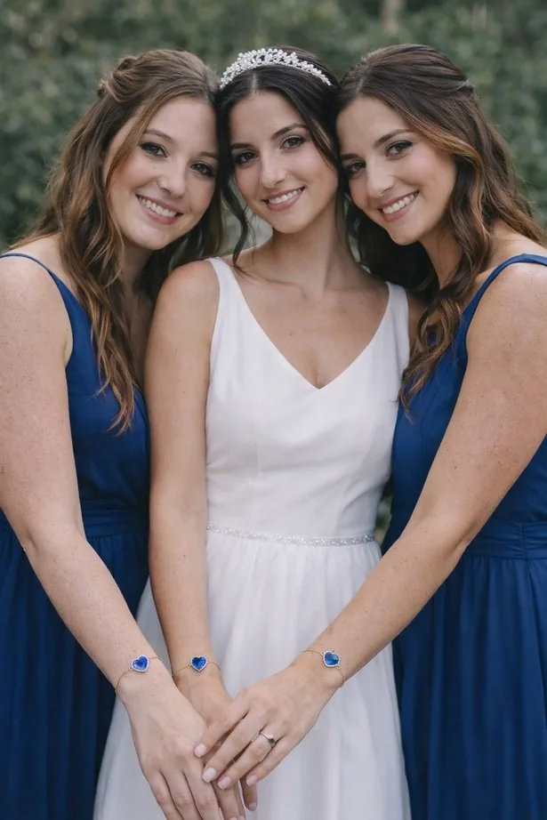 Noiva entre duas madrinhas de azul, com pulseiras Riê